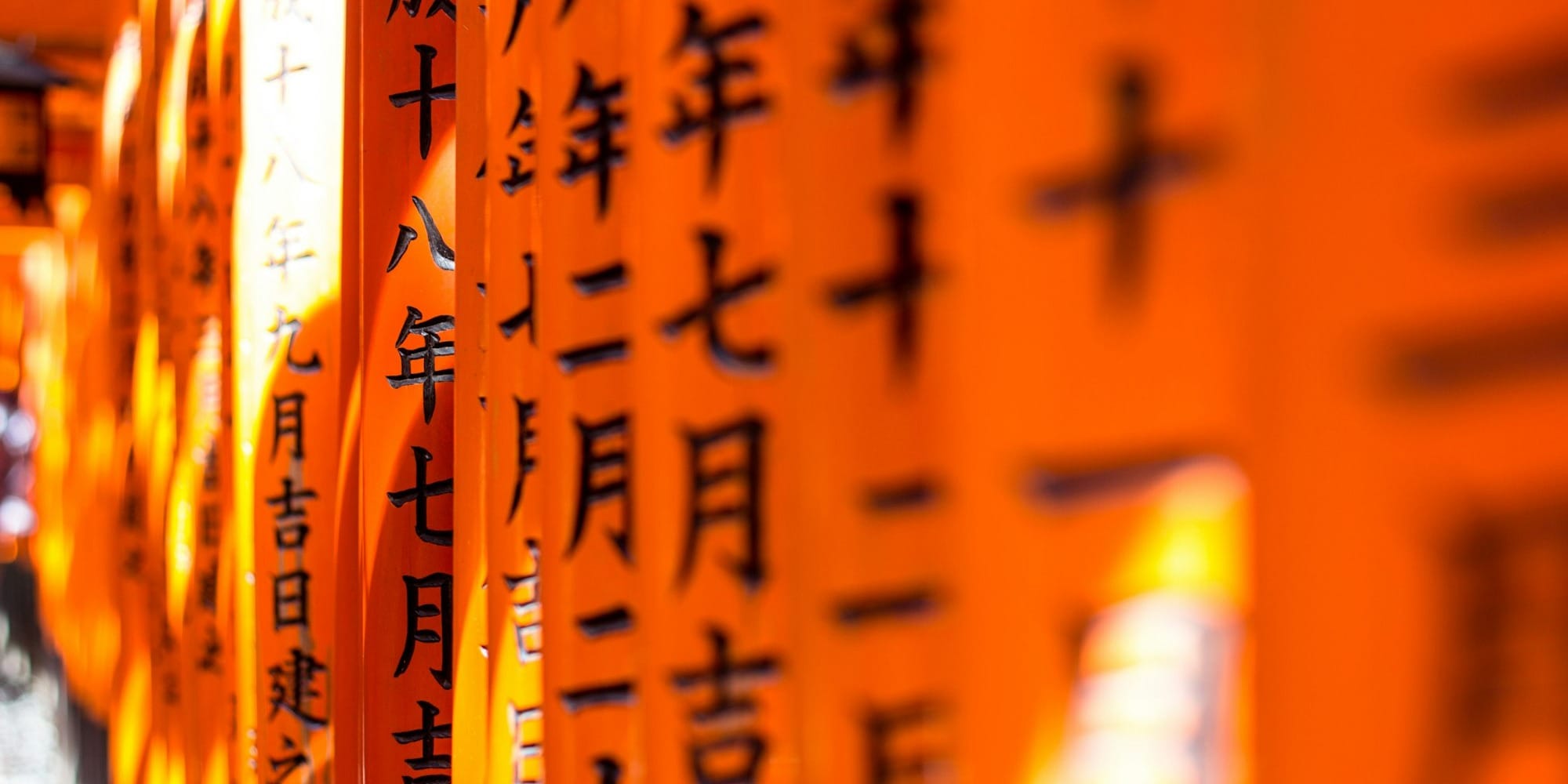 a row of orange signs with asian writing on them